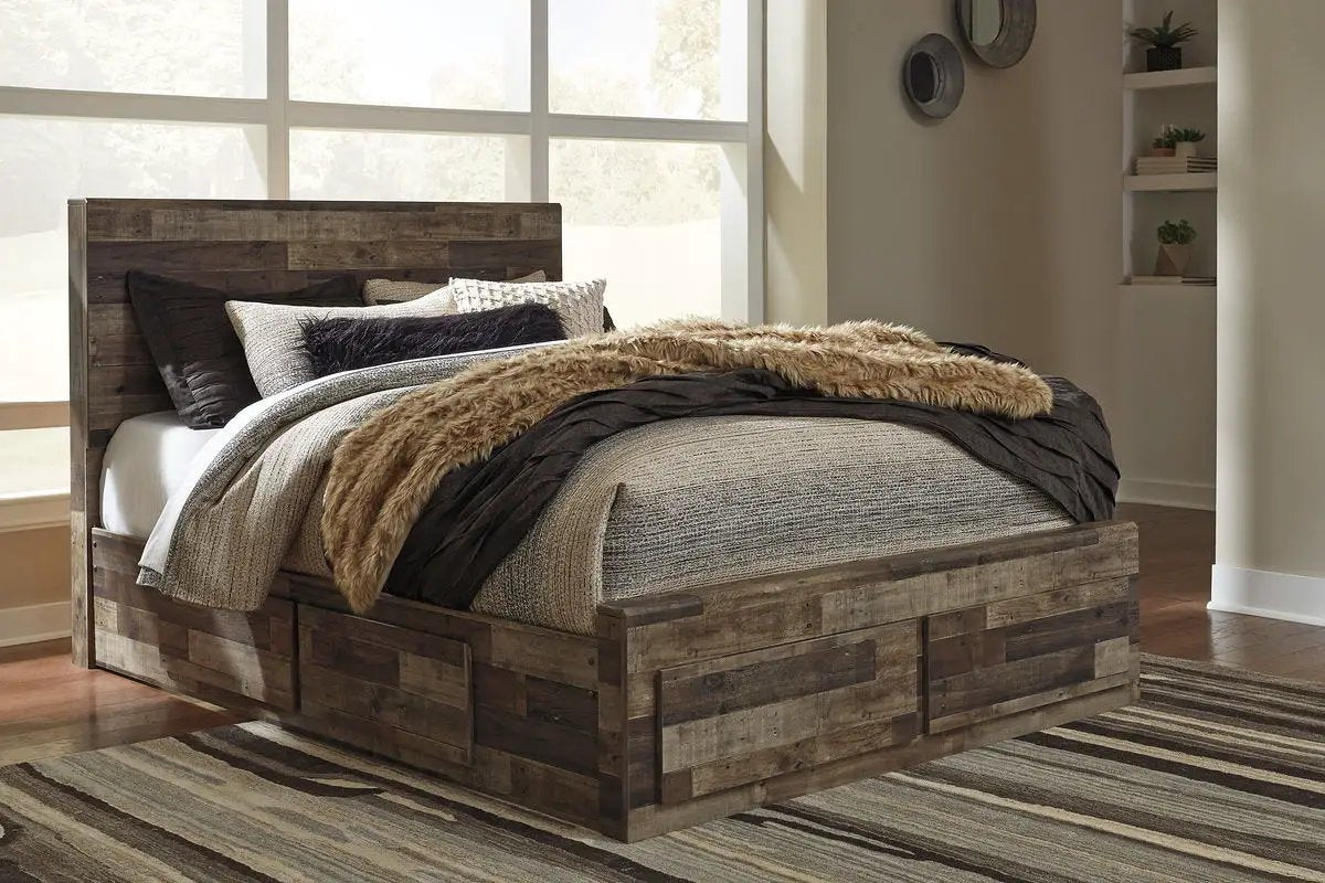 Derekson Panel Bedroom Set | 4-Piece | Rustic Butcher Block Finish | Replicated Pine Grain