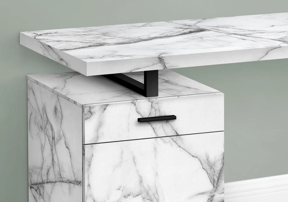 White Marble Look Computer Desk | 47.25 Inch Width | Drawer And Storage Compartment | Left Or Right Setup