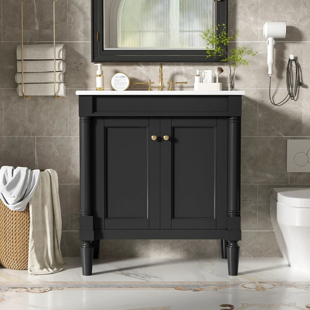 30 Inch Bathroom Vanity With Sink | Soft Close Doors | Carved French Detailing | Adjustable Shelf