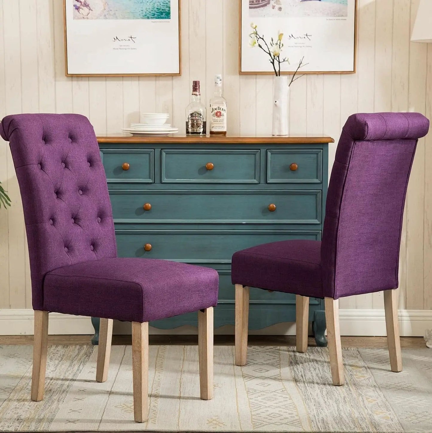 Solid Wood Purple Tufted Parsons Dining Chair Set of 2 from PriceLows™