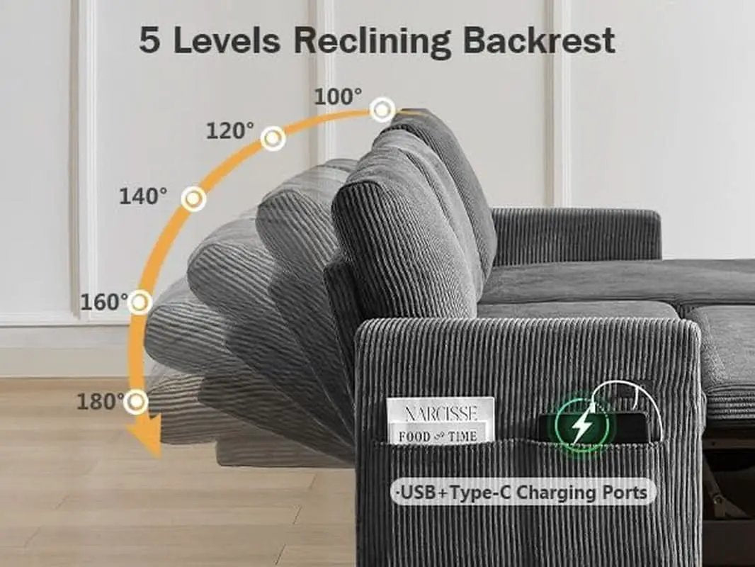 81 Inch Corduroy Velvet GreyTone Sleeper Sofa Pullout from PriceLows™