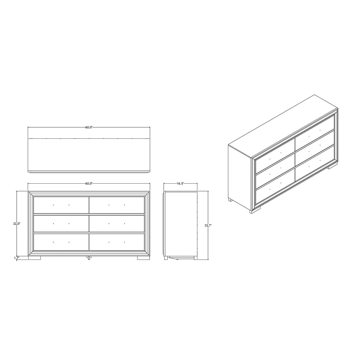 Adelaide Dresser With Sleek Finish And Drawer Pulls | 60 x 16.5 x 33.7 in | Solid Wood | Bedroom