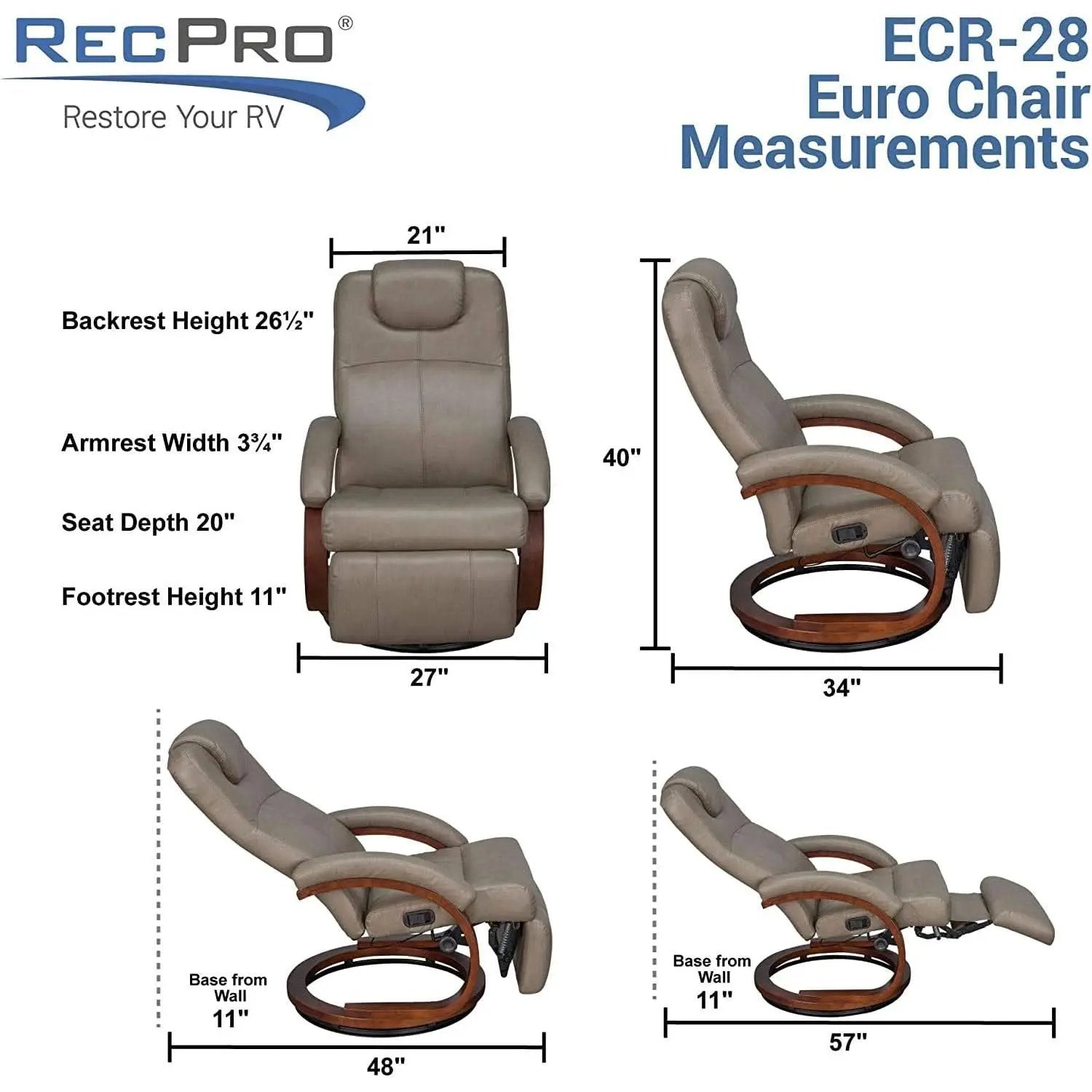 Charles 28 Inch RV Euro Chair Recliner With Swivel Footrest from PriceLows™