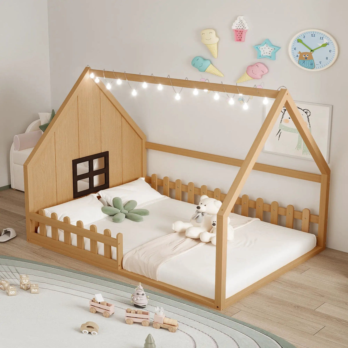Platform House Bed | Window And Fence Design | Solid Pine Wood | Built-In LED Light