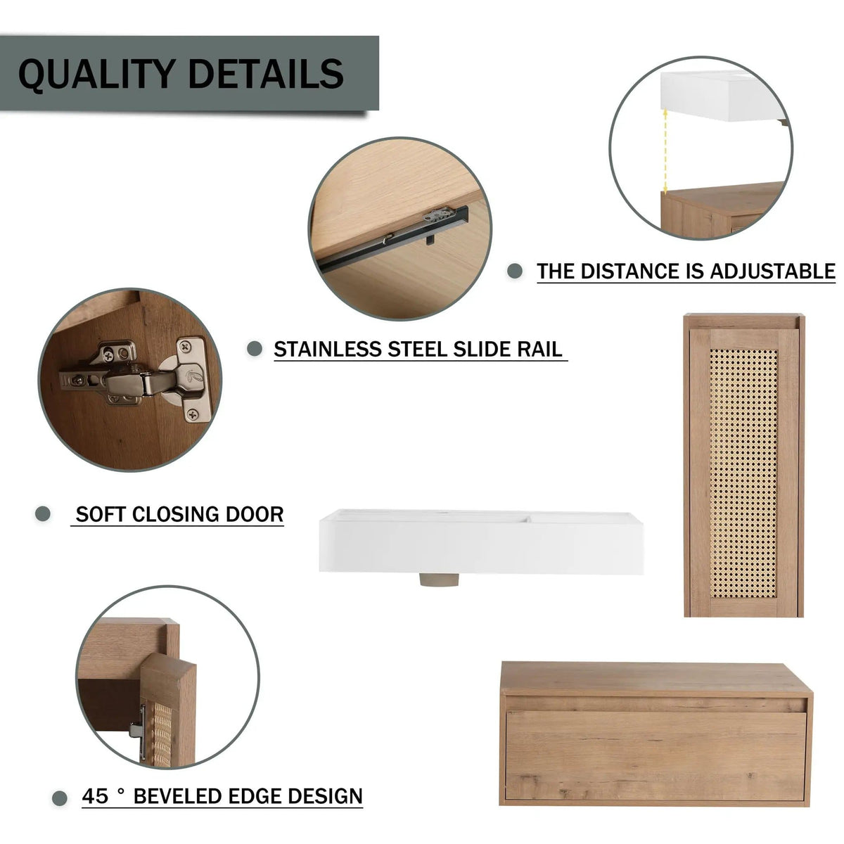 Modern Imitative Wall Mounted Bathroom Vanity With Resin Sink And Side Cabinet | 2 Pieces | Plywood & Resin | Bathroom