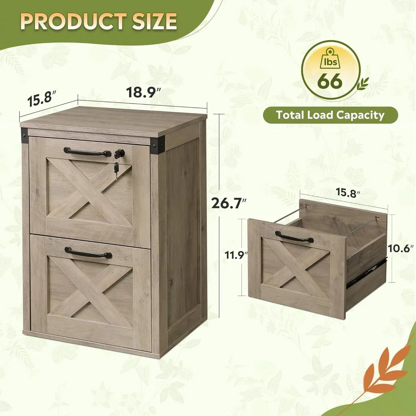 2 Drawer File Cabinet With Lock Gray Oak Farmhouse Home Office Printer Stand Fits Letter A4 from PriceLows™