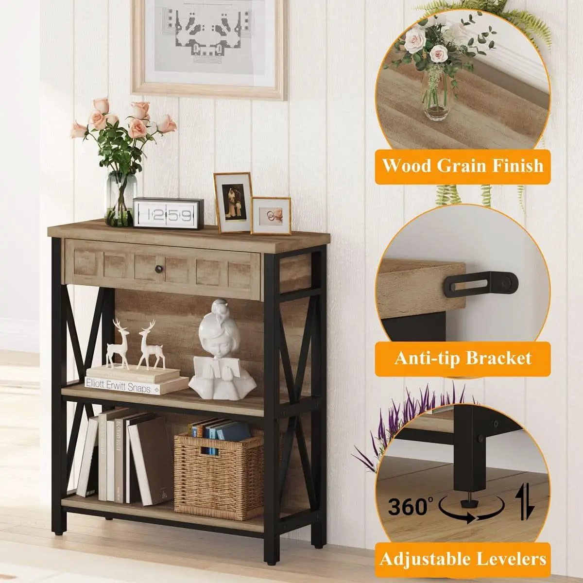Rustic Oak 3 Tier Bookshelf With Drawer Industrial Wood And Metal Bookcase from PriceLows™