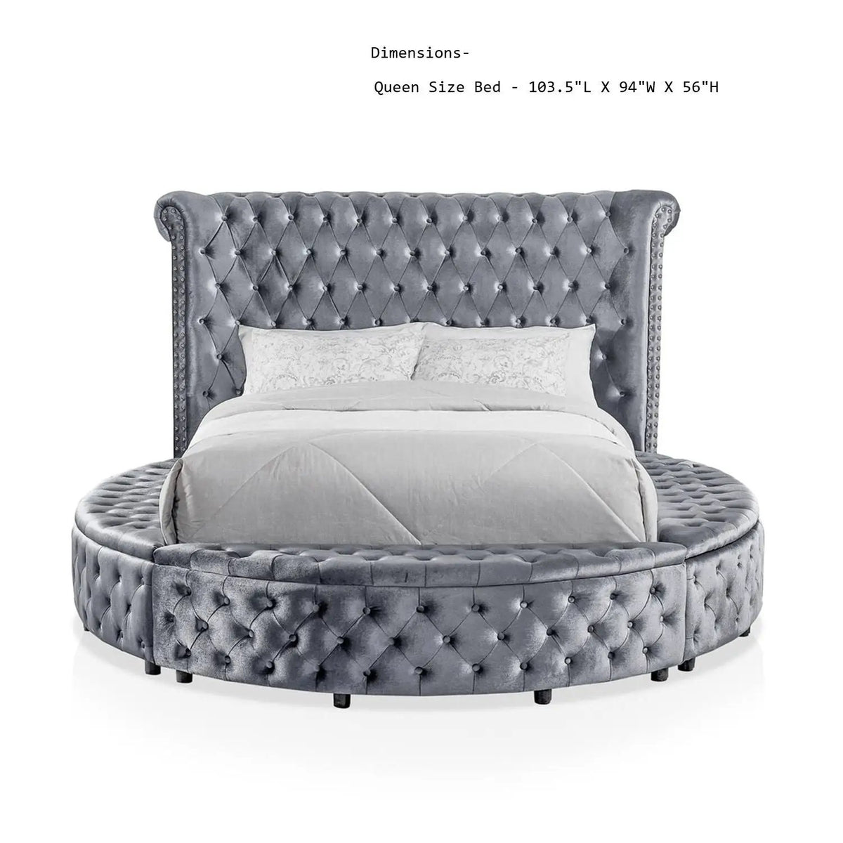 Glam Round Bed | Button Tufted Wingback Headboard | Storage | USB Ports