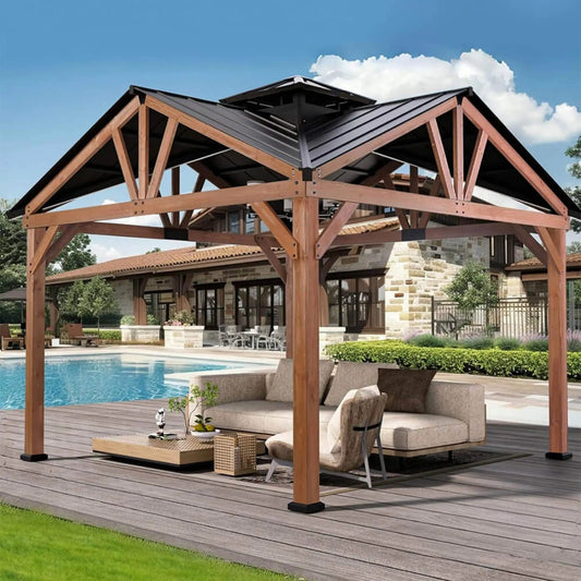 Premium Outdoor Cedar Wood Hardtop Gazebo With Galvanized Steel Roof | Steel | Outdoor Living Use | Outdoor Living