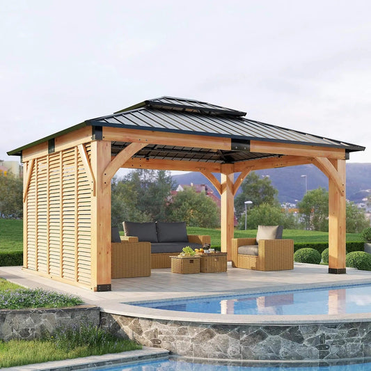 Modern Double Tier Hardtop Spruce Wood Gazebo With Built In Privacy Wall & Ceiling | Fabric | Home Use | Home