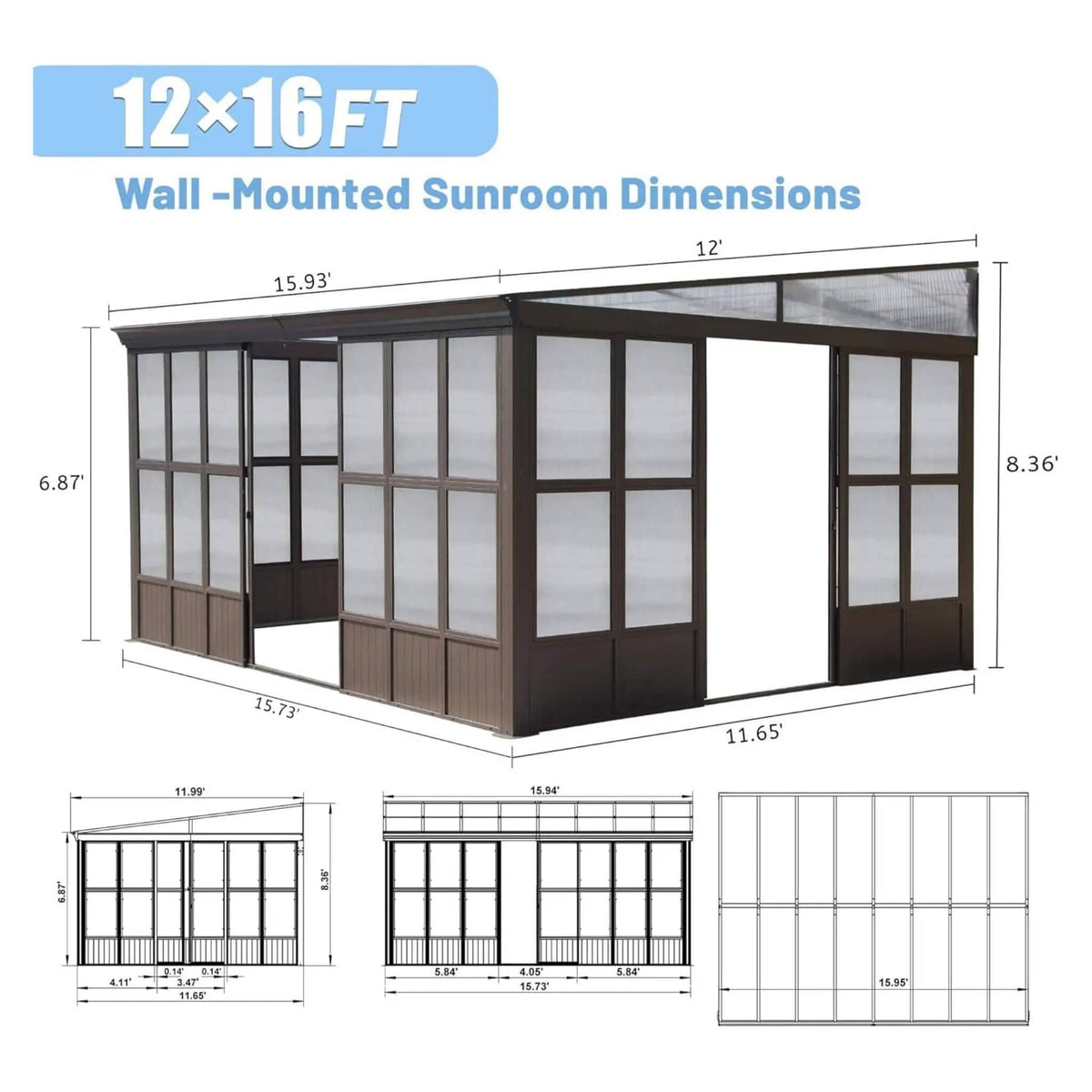 Pavilion Extra Large All Season Outdoor Wall Mounted Sunroom Solarium With | Aluminum | Outdoor Living Use | Outdoor Living