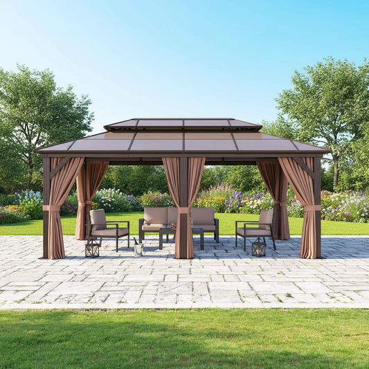 Premium Aluminum Outdoor Polycarbonate Hardtop Gazebo With Netting & Curtains | Aluminum | Outdoor Living Use | Outdoor Living