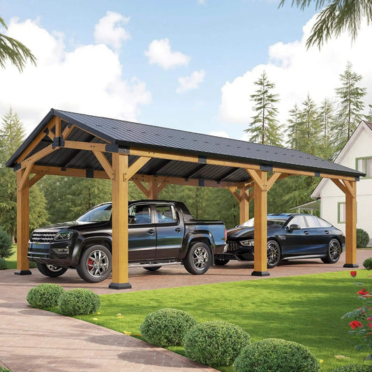 Large Heavy-Duty Outdoor Cedar Wood Hardtop Carport With Galvanized Steel Roof | 080 lb | Solid Wood | Outdoor Living