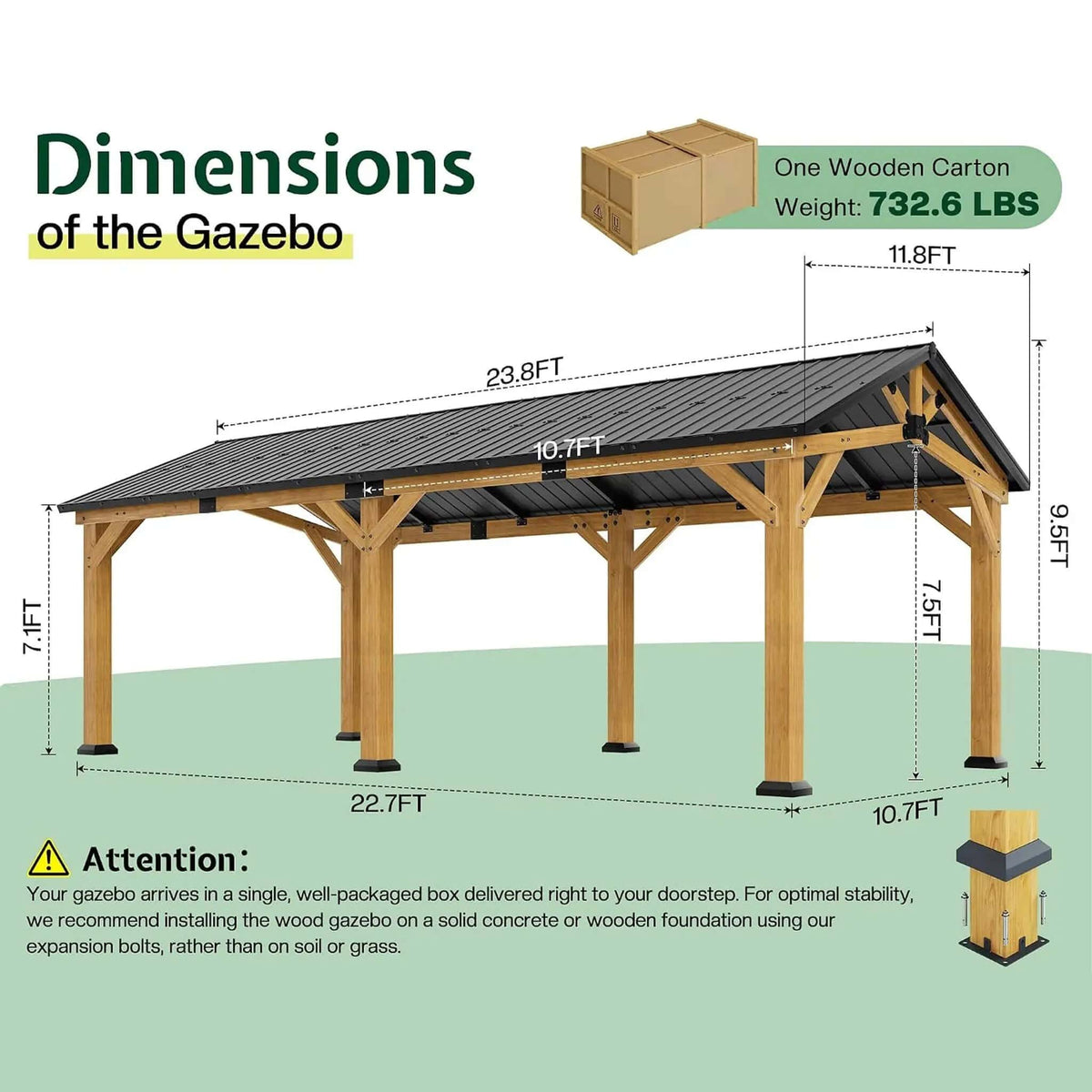 Premium Galvanized Steel Roof Cedar Wood Hardtop Gazebo | Concrete | Home Use | Home