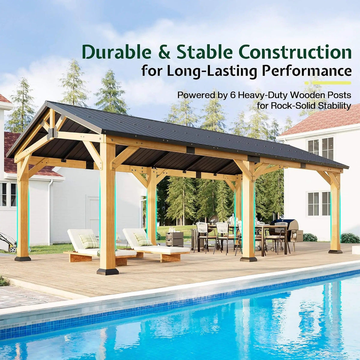 Premium Galvanized Steel Roof Cedar Wood Hardtop Gazebo | Concrete | Home Use | Home
