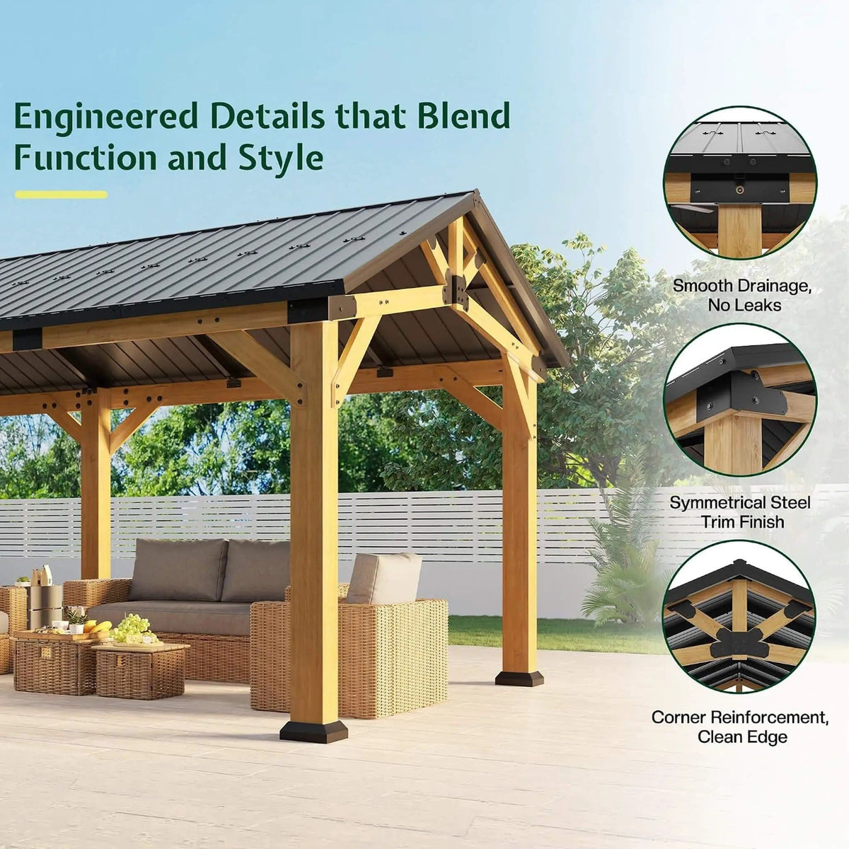 Premium Galvanized Steel Roof Cedar Wood Hardtop Gazebo | Concrete | Home Use | Home
