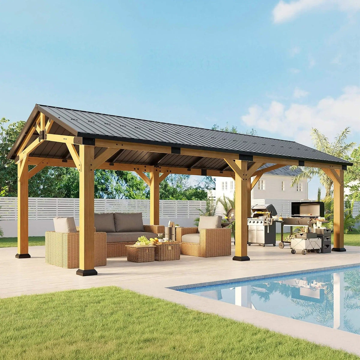 Premium Galvanized Steel Roof Cedar Wood Hardtop Gazebo | Concrete | Home Use | Home