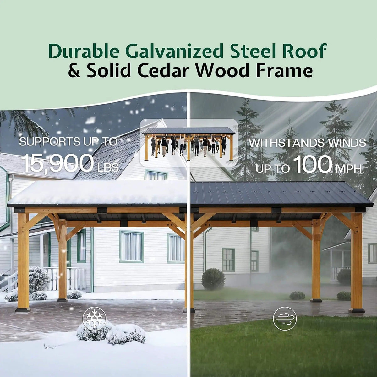 Premium Galvanized Steel Roof Cedar Wood Hardtop Gazebo | Concrete | Home Use | Home