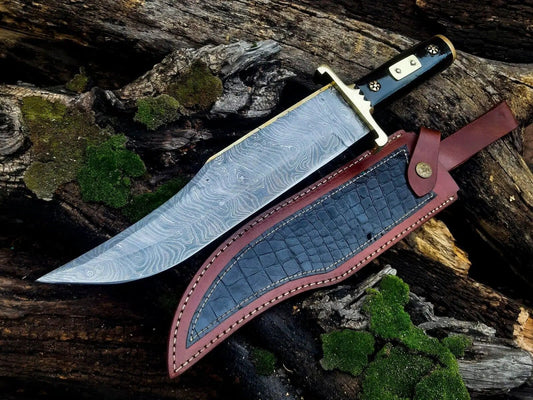 13 Inch Damascus Steel Cowboy Bowie Knife with Buffalo Horn Handle & Leather Sheath | 13 Inch | Damascus Steel | Home