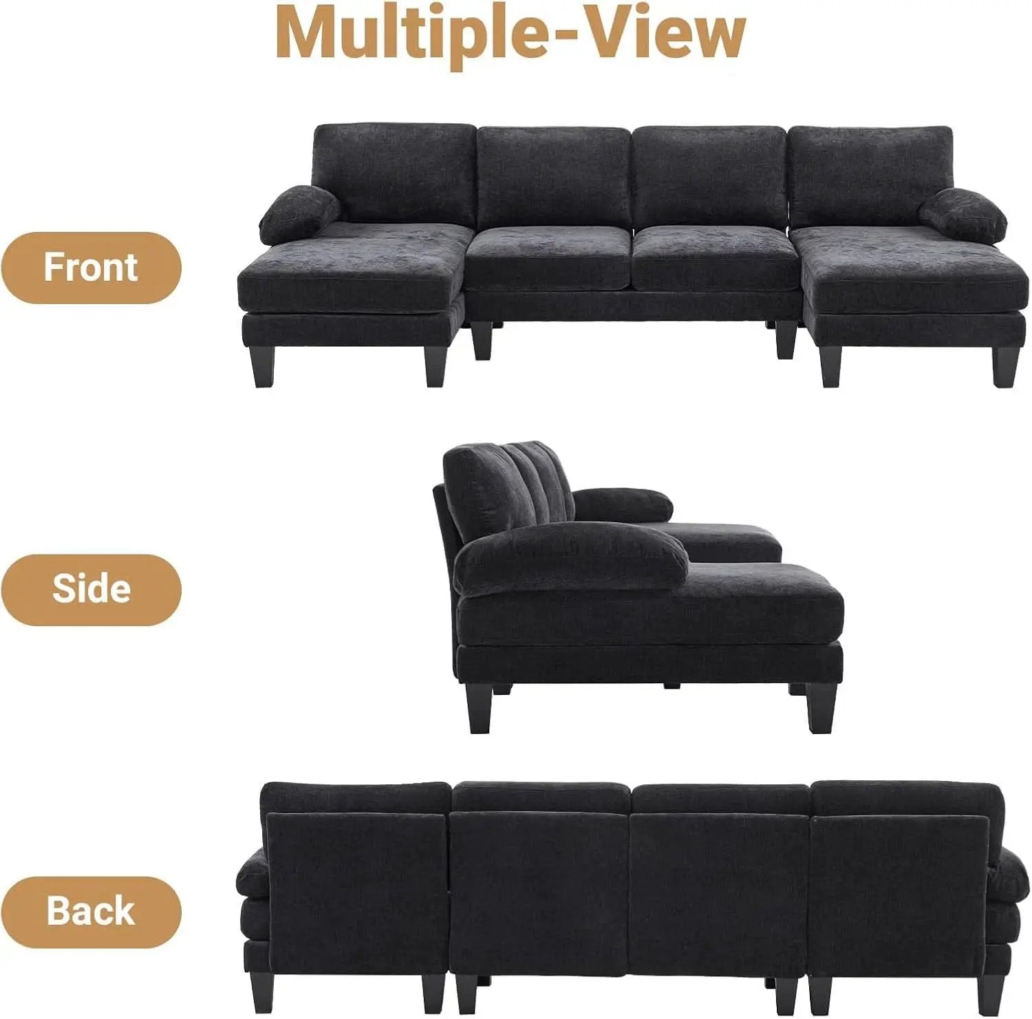 110 Inch U Shaped Sectional Couch For Living Room With Double Chaise In Chenille Fabric Black from PriceLows™