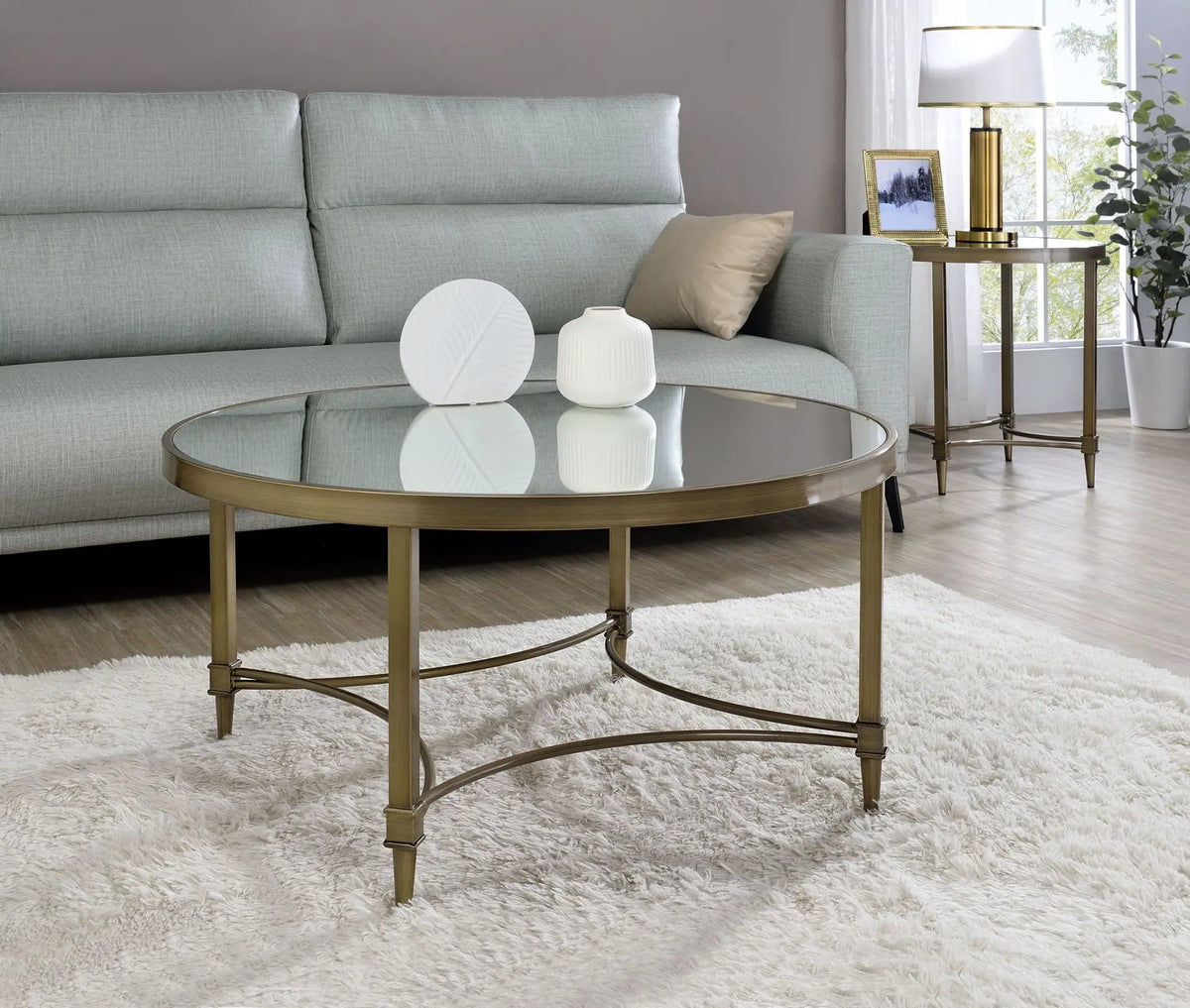 Aditya Mirrored Antique Brass Coffee Table | 36 x 36 x 19 in | Glass & Metal | Antique Brass