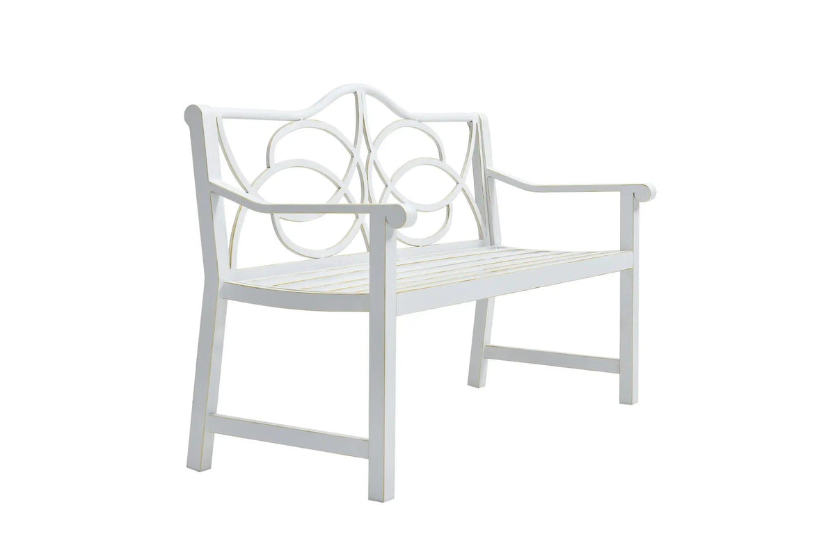 Outdoor Garden Patio Bench With Backrest And Armrest, Slatted Seat For Park, Yard | 50.5 x 22.5 x 35.1 in | Steel & Iron | White