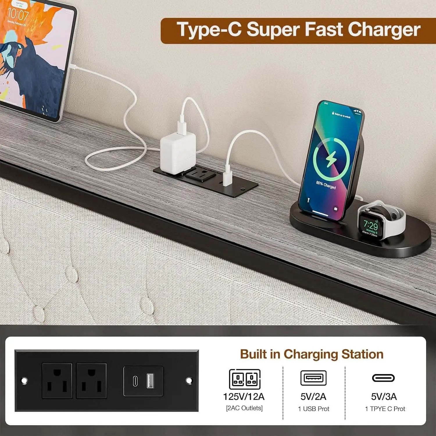 Queen Size Upholstered Headboard with Storage and Charging from PriceLows™