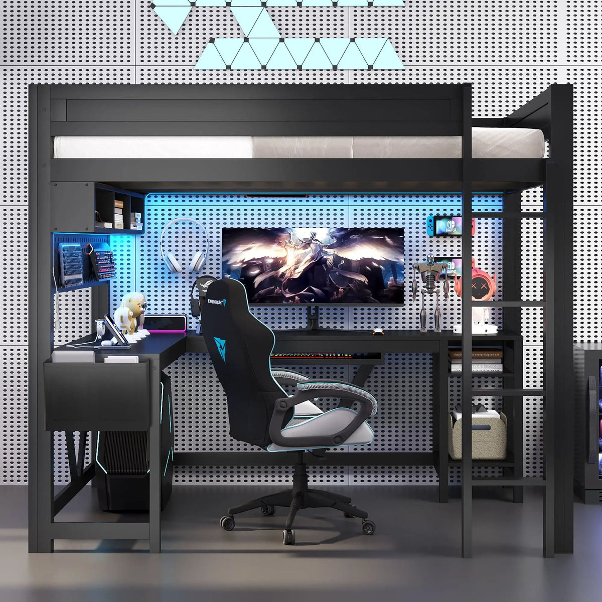 Gaming Loft Bed With Desk | Open Shelf And Fabric Storage Bag | Adjustable LED | Charging Station