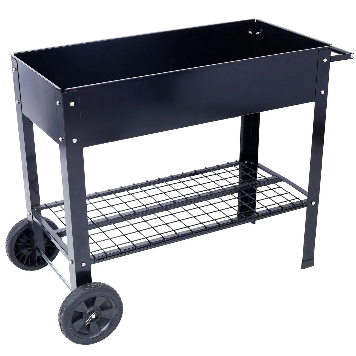 Raised Metal Planter | Wheeled Base | Storage Shelf | Black