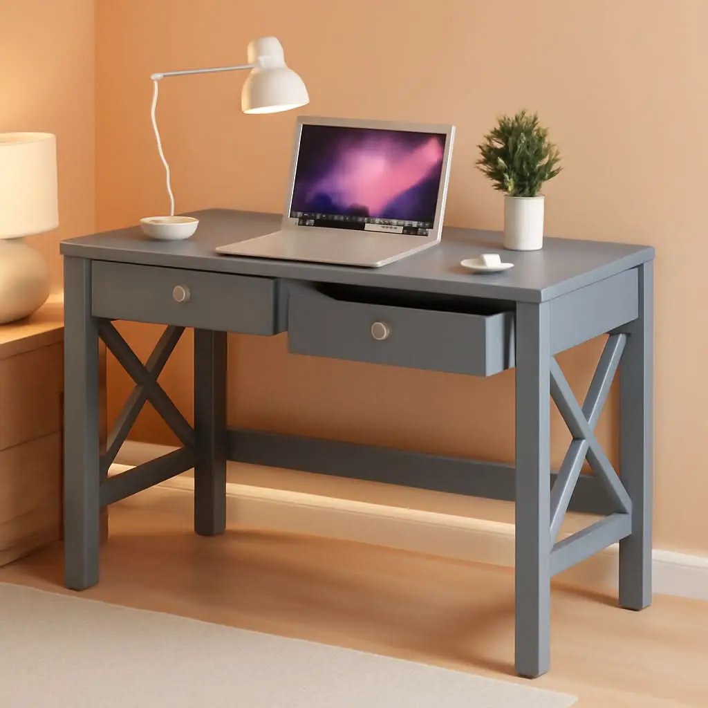 Home Office Desk Grey With Two Drawers Computer Table from PriceLows™
