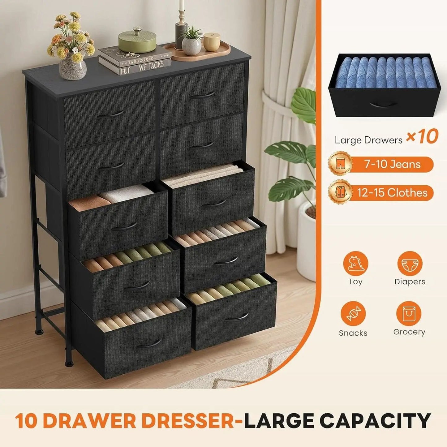 10 Drawer Dresser With Black Premium Fabric Finish And Durable Metal Frame For Bedroom Storage And Organization from PriceLows™