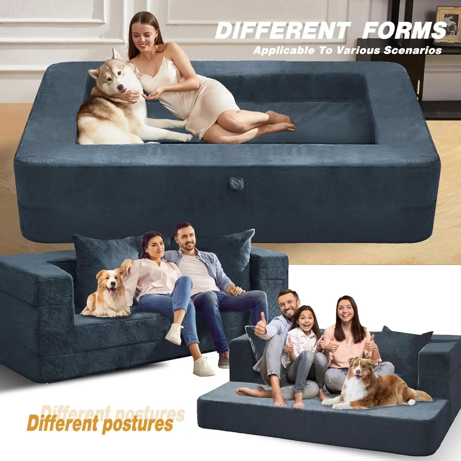 Blue Gray Large 3-In-1 Folding Bean Bag Couch Sofa Bed from PriceLows™