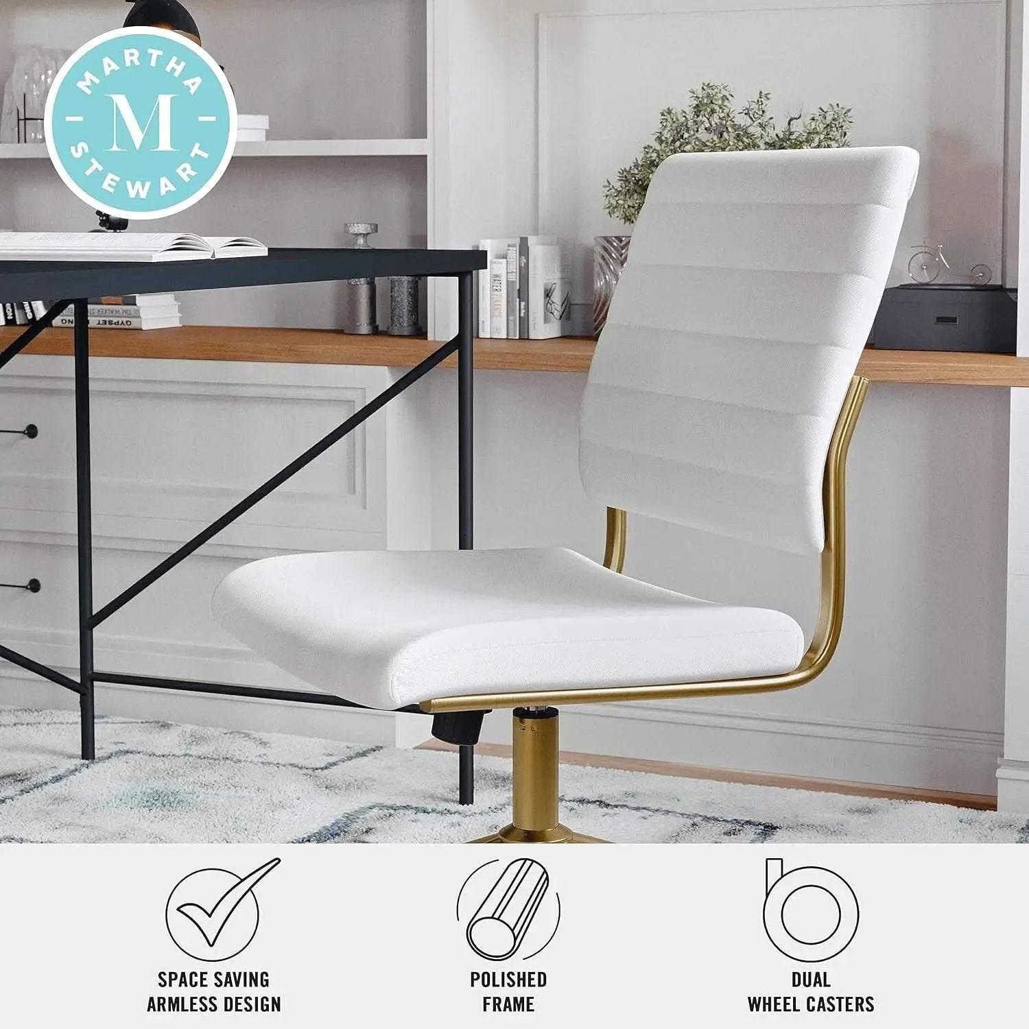 White Faux Leather Armless Swivel Chair Brass Frame from PriceLows™