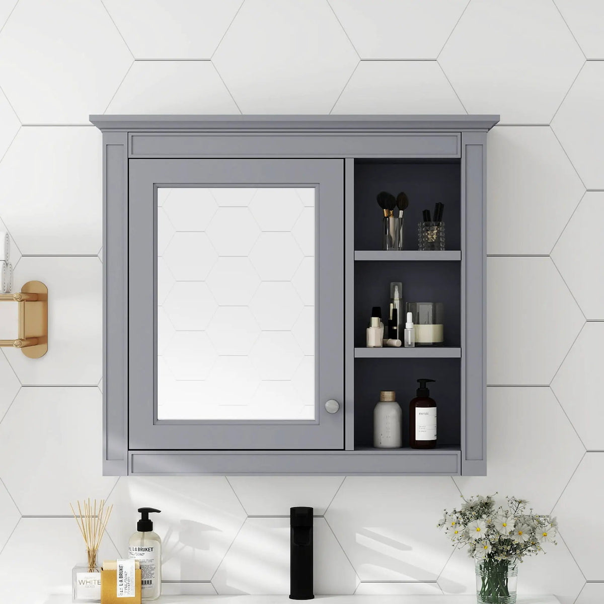 Modern Wall Mounted Medicine Cabinet | 3 Open Shelves | Mirror Door