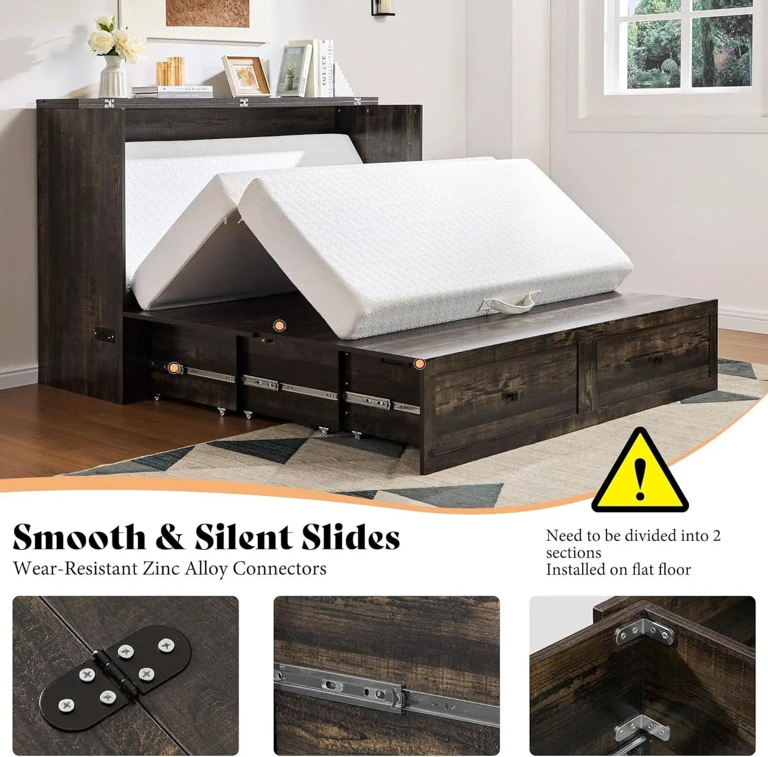 Black Oak Murphy Bed Cabinet With USB Charging Station Queen Size from PriceLows™