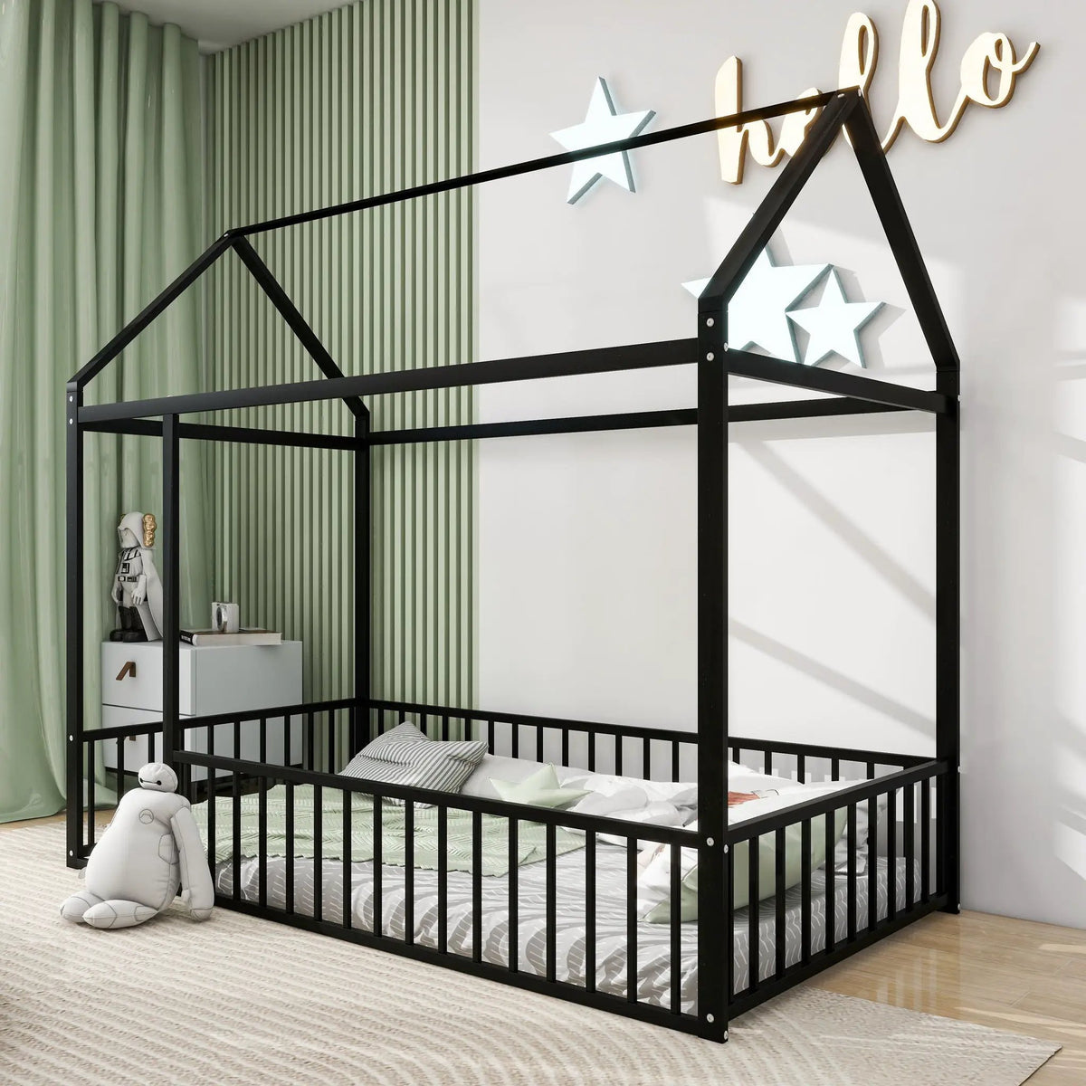 Kids Metal Bed Frame | Roof And Side Fence | Semi Enclosed Space | Three Colors