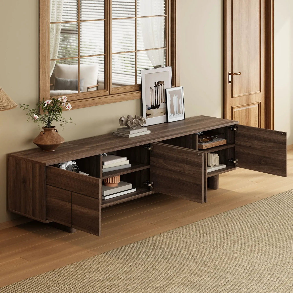 85 Inch TV Stand | Push Openers | Cable Management | Solid Pine Wood Legs