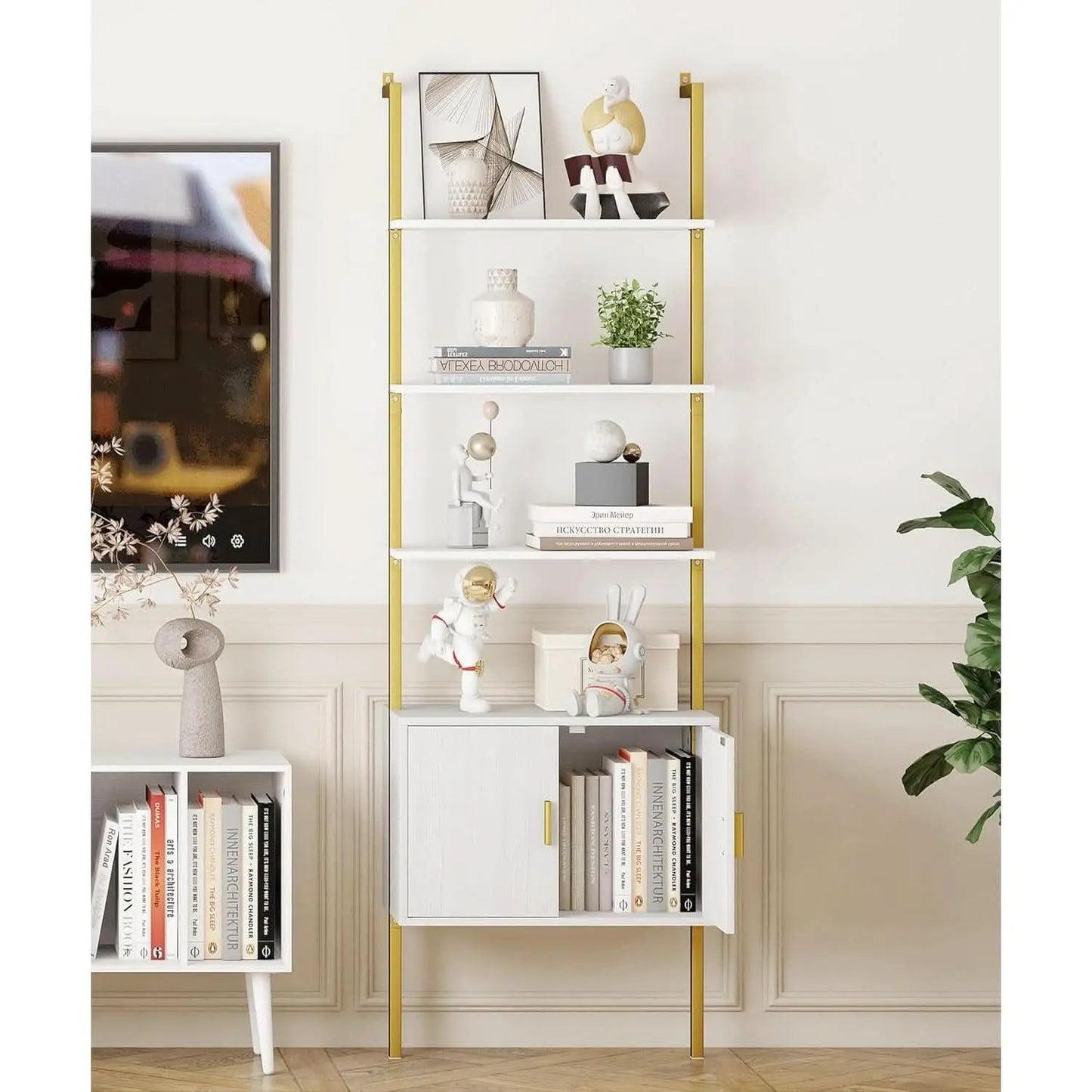 73 Inch Tall Bookshelf With Cabinet Industrial Ladder Wall Shelf White Gold from PriceLows™