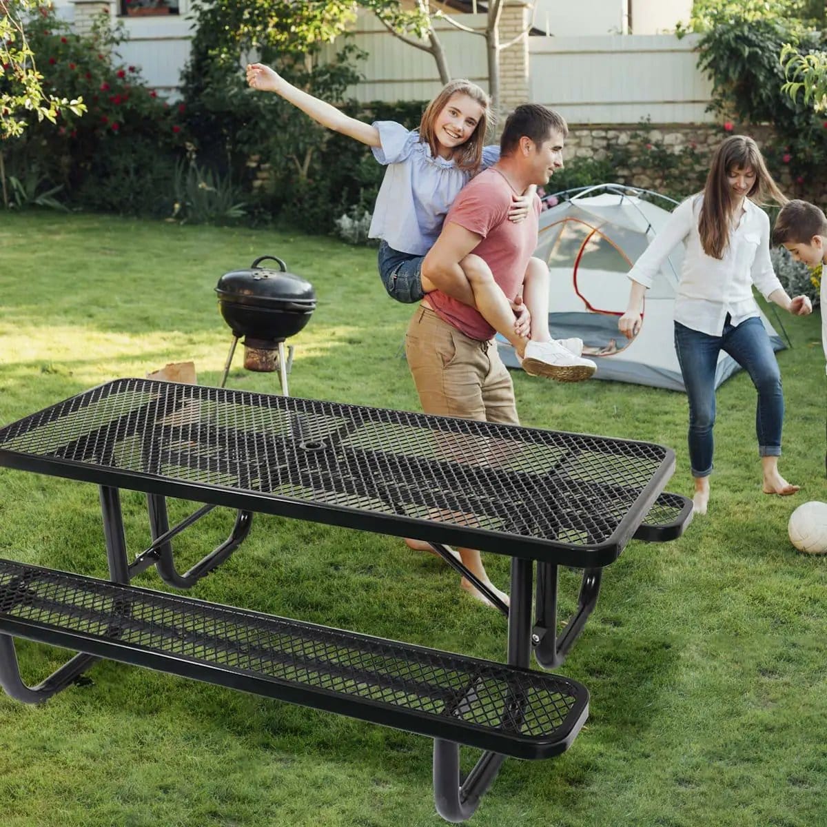 Outdoor Steel Picnic Rectangular Table With Umbrella Pole | 3 Pieces | Steel & Metal | Dining Room