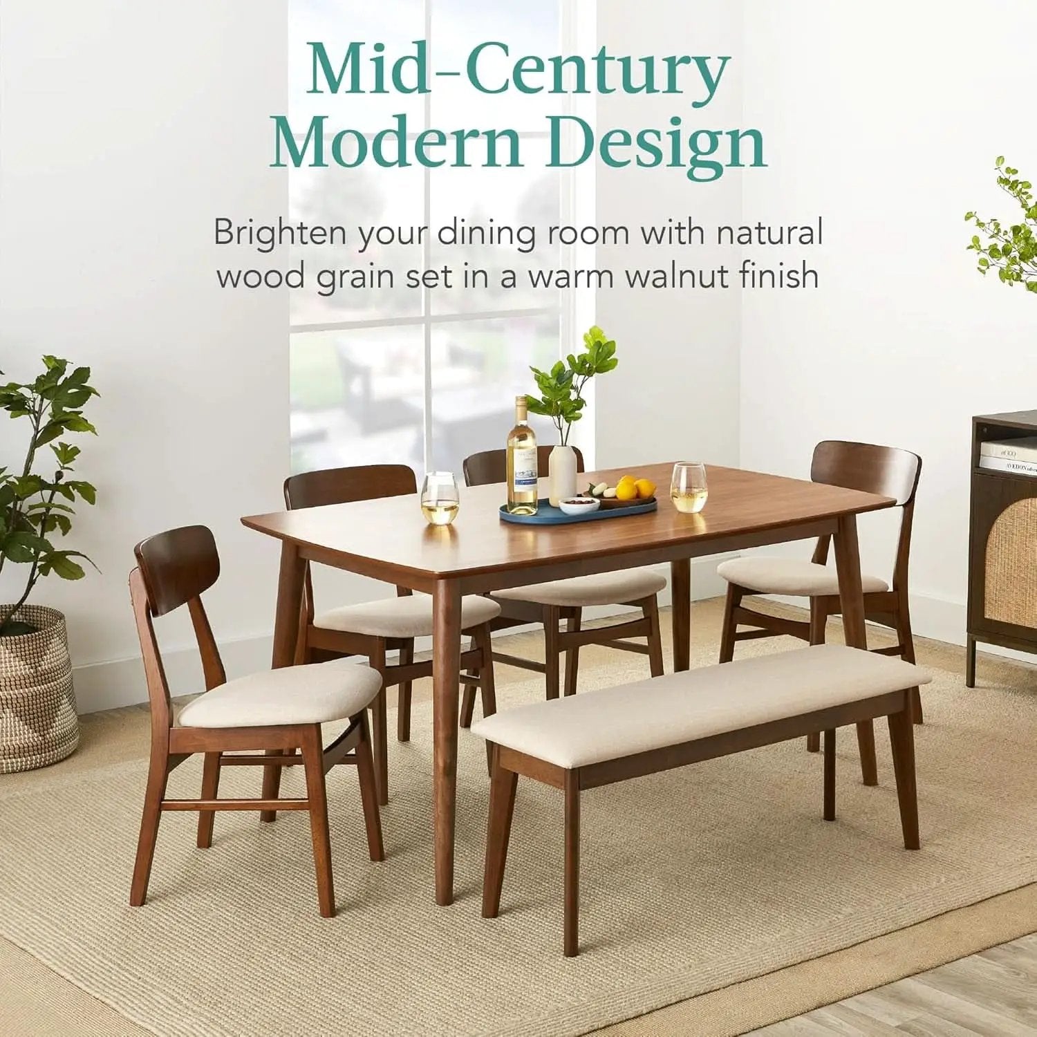 Walnut Rubberwood Dining Set With Upholstered Bench from PriceLows™
