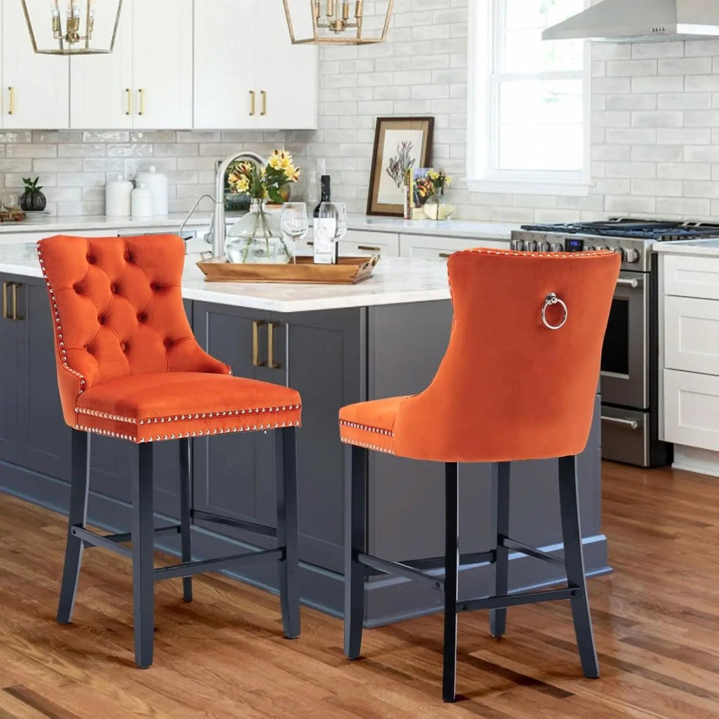 Velvet Upholstered Bar Stools Set Two with Back from PriceLows™