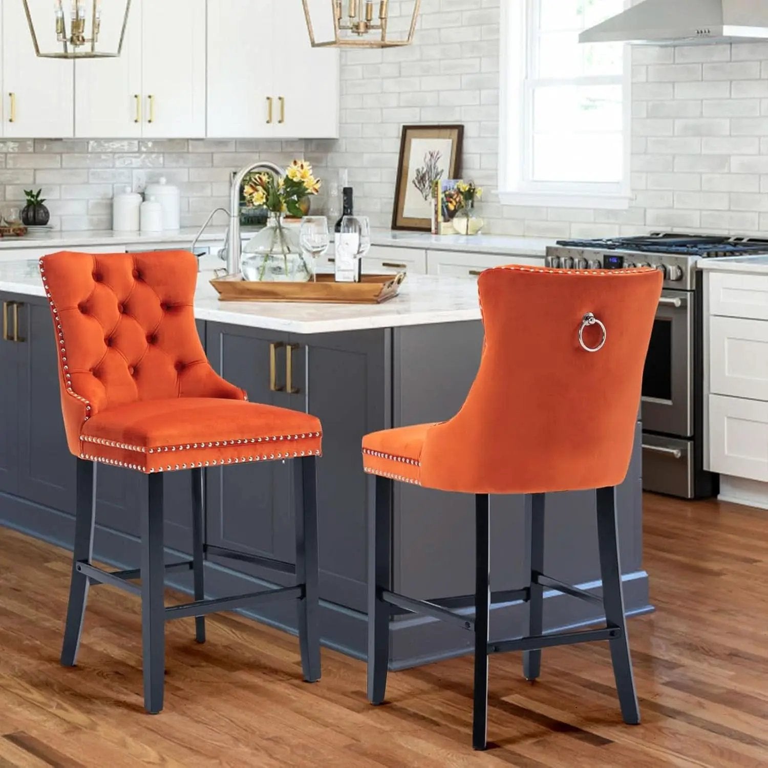 Velvet Upholstered Bar Stools Set Two with Back from PriceLows™