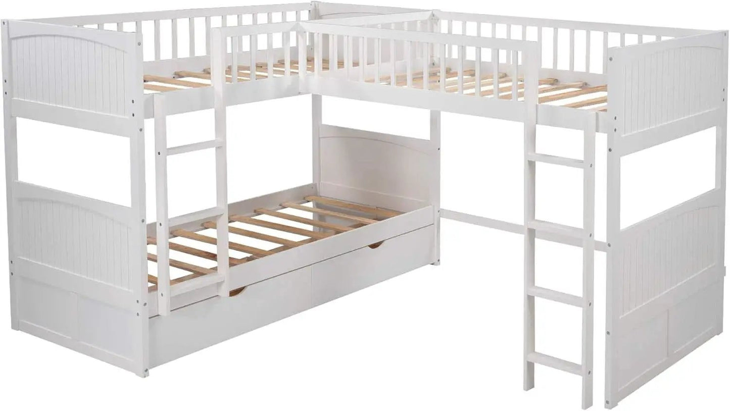 L Shaped Solid Wood Bunk Bed White Twin Over Twin Over Twin With 2 Drawers from PriceLows™