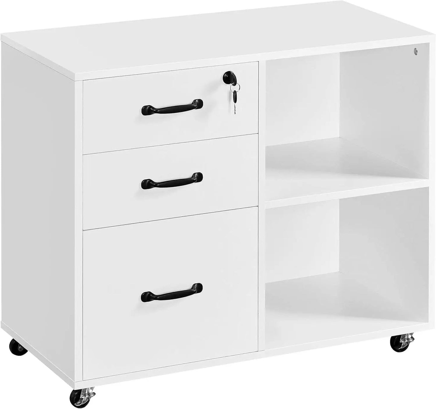 3 Drawer File Cabinet White Mobile Lateral Filing Cabinet With Lockable Top Drawer And Open Shelves For Home Office from PriceLows™