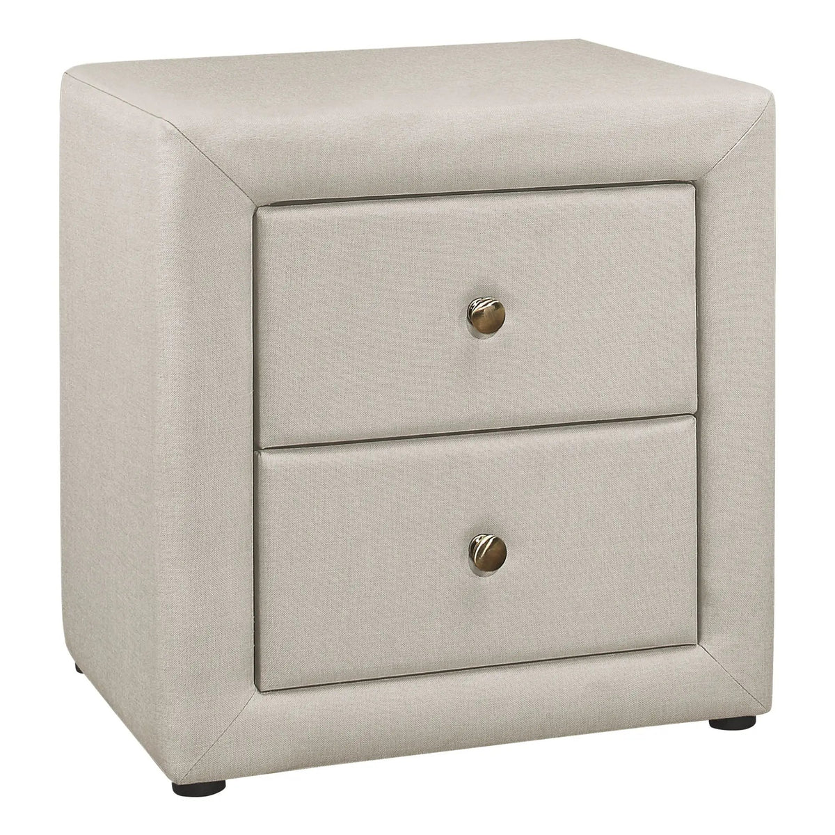 Upholstered Nightstand | Transitional Style | Two Storage Drawers | Metal Drawer Knobs