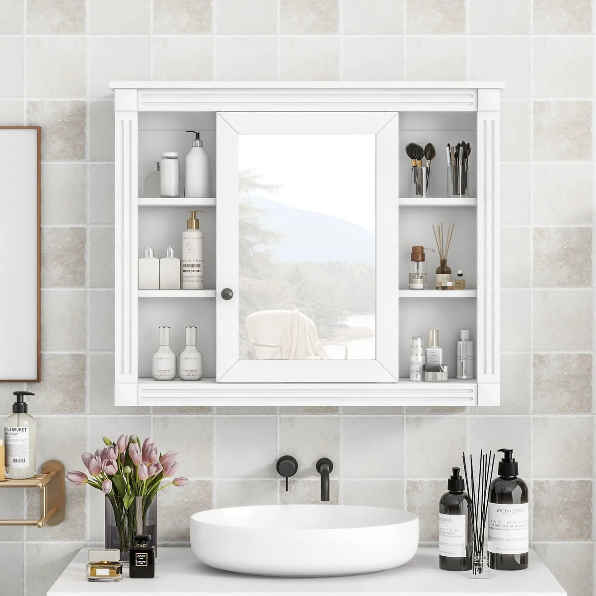 Bathroom Storage Cabinet With Mirror | 6 Open Shelves | Vintage Handle | Adjustable Interior