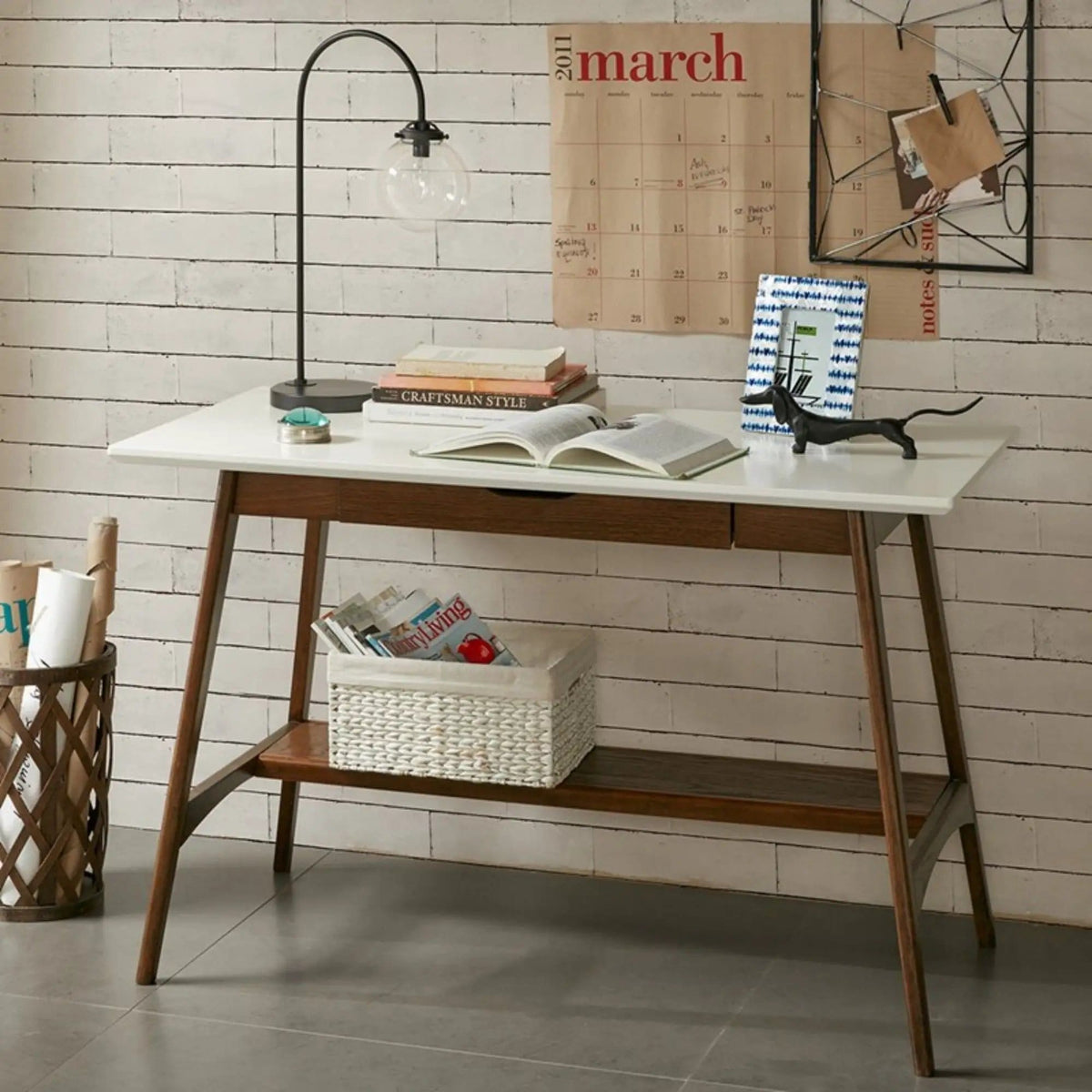 Parker Desk With Storage Shelf | 48 x 24 x 30 in | Mdf & Wood | Off White / Pecan