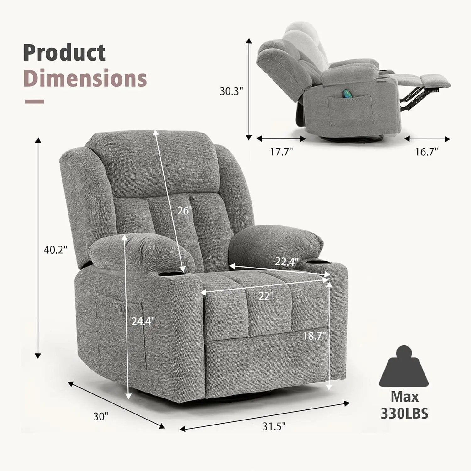 Large Rocker Swivel Recliner Chair With Massage And Heat from PriceLows™