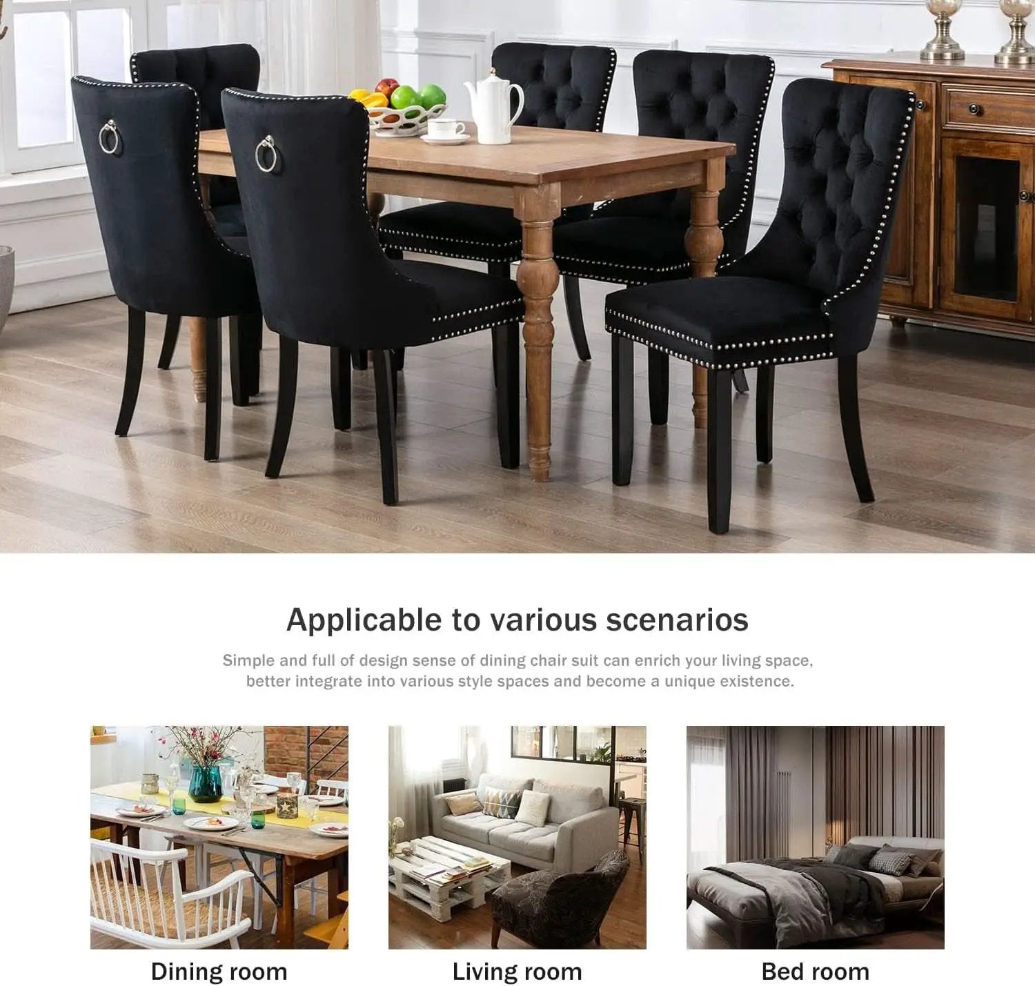 Velvet Dining Chairs Black Tufted Upholstered Set 4 from PriceLows™