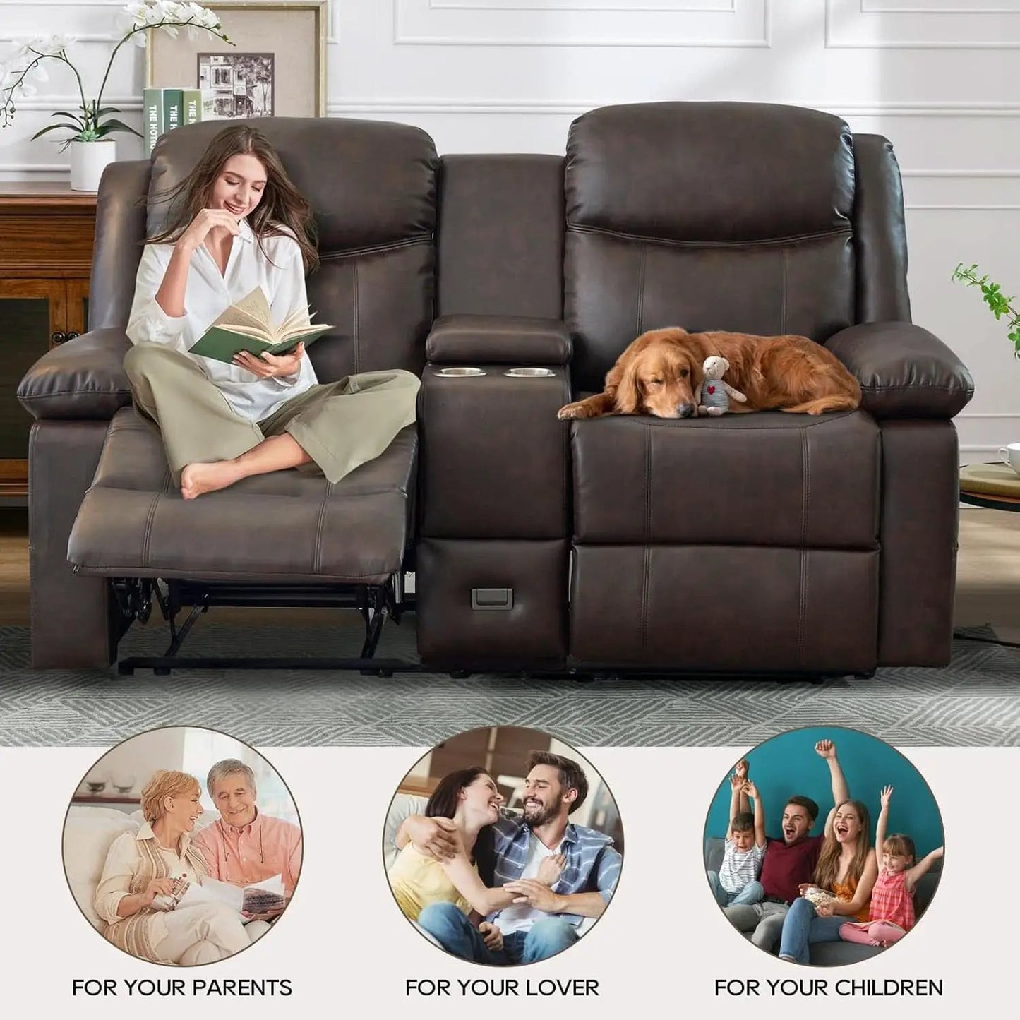 Brown PU Leather Two Seater Loveseat Recliner With Console And Double Reclining from PriceLows™